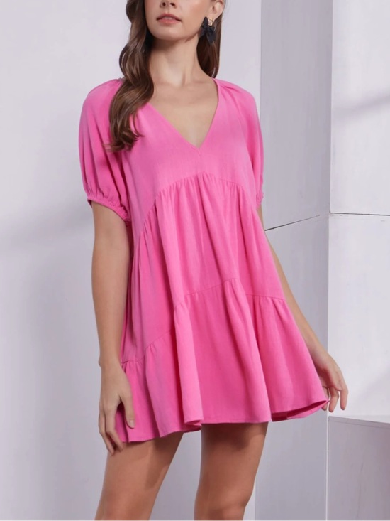 Mustard Seed Dresses & Skirts - Mustard seed boutique brand Bright Pink V-Neck Tiered Mini Dress NWT size large